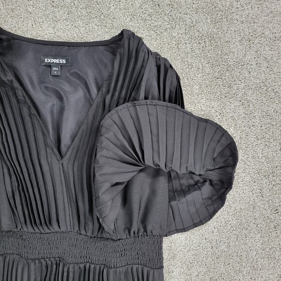 Express Pleated‎ Dress Womens S Black Silky Satin Puffy Sleeve Smock Waist Flowy - Picture 6 of 16